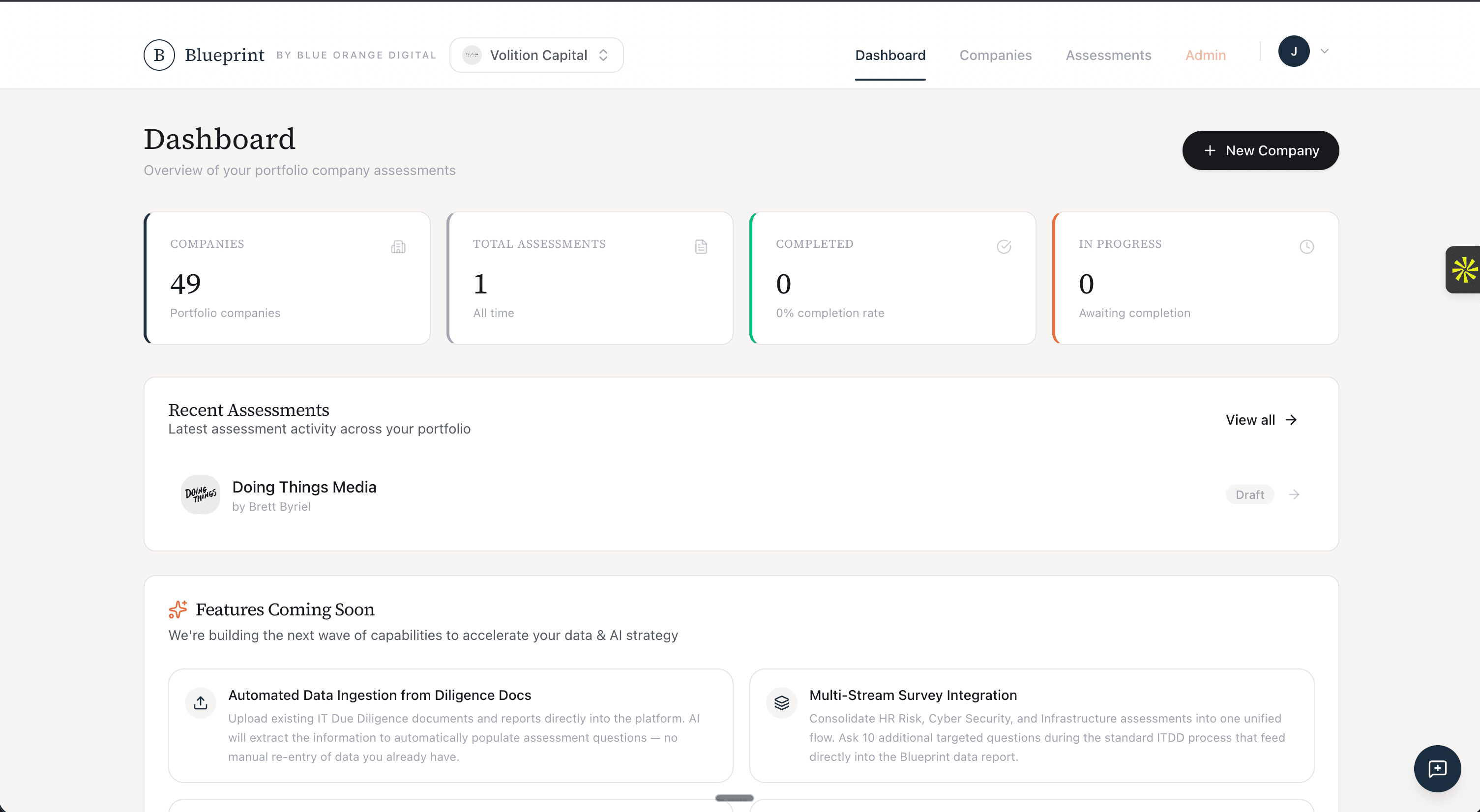 Blueprint assessment platform interface showing data maturity scoring, benchmarking dashboards, and EBITDA opportunity mapping for portfolio companies